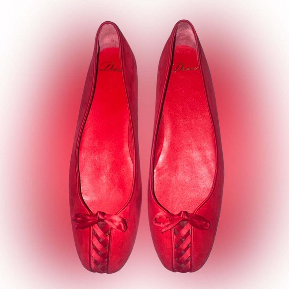 $115 MSRP Delman Red Suede Leather square toe ballet flat bow accent 9.5M